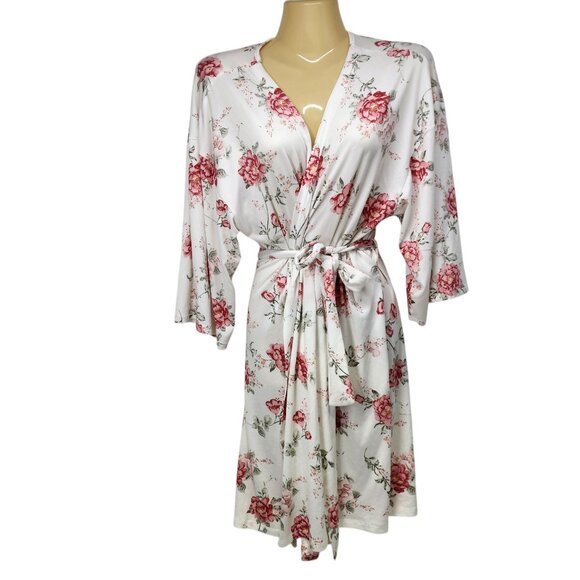 Floral Kimono Robe Belt L 93% Polyester & 7% Spandex‎ White & Pink Rose Pattern - Picture 1 of 9